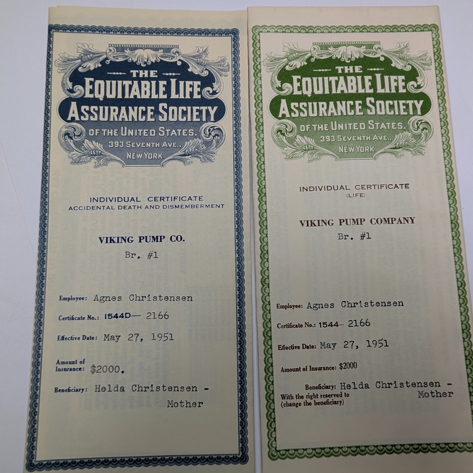 x2 LOT 1951 Viking Pump Equitable Life Insurance Certificate Agne Christensen 2H
