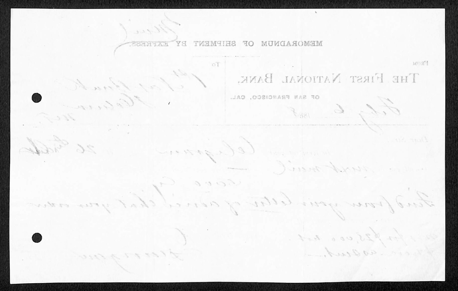 First National Bank San Francisco 1888 Memo of Shipment to FNB Helena, MT