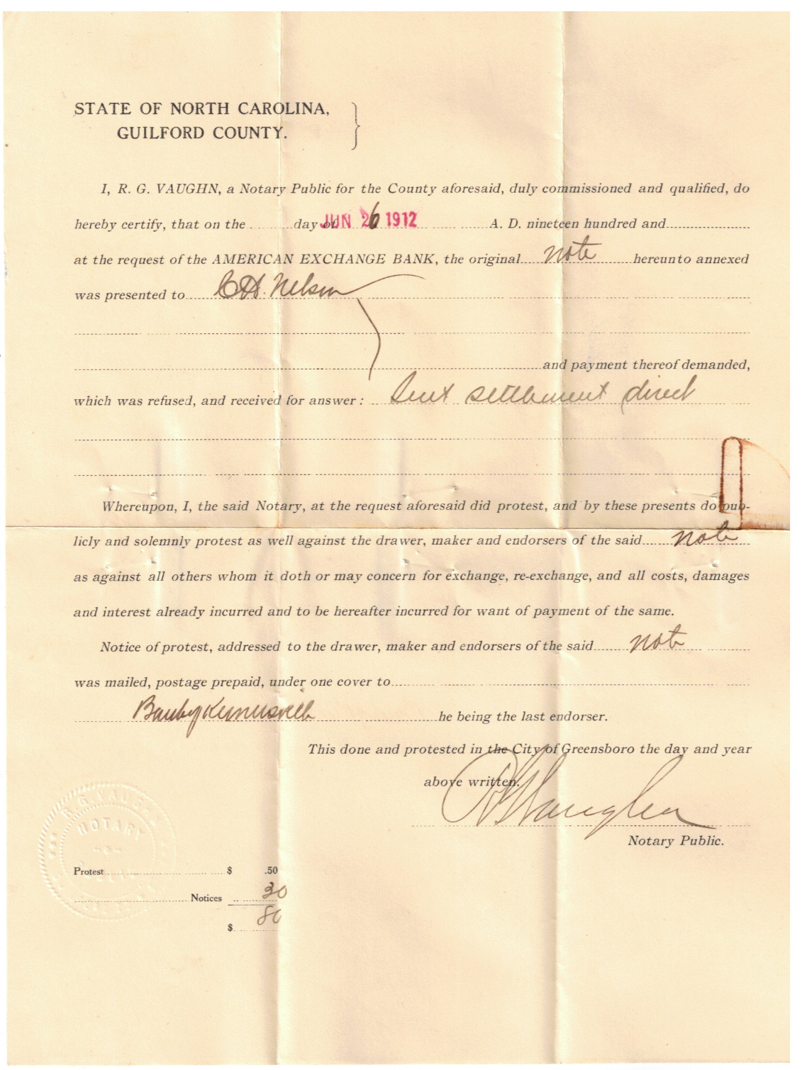 VTG 1912 BOUNCED PROMISSORY NOTE! THE BANK OF KERNERSVILLE, NC~JI CASE THRESHING