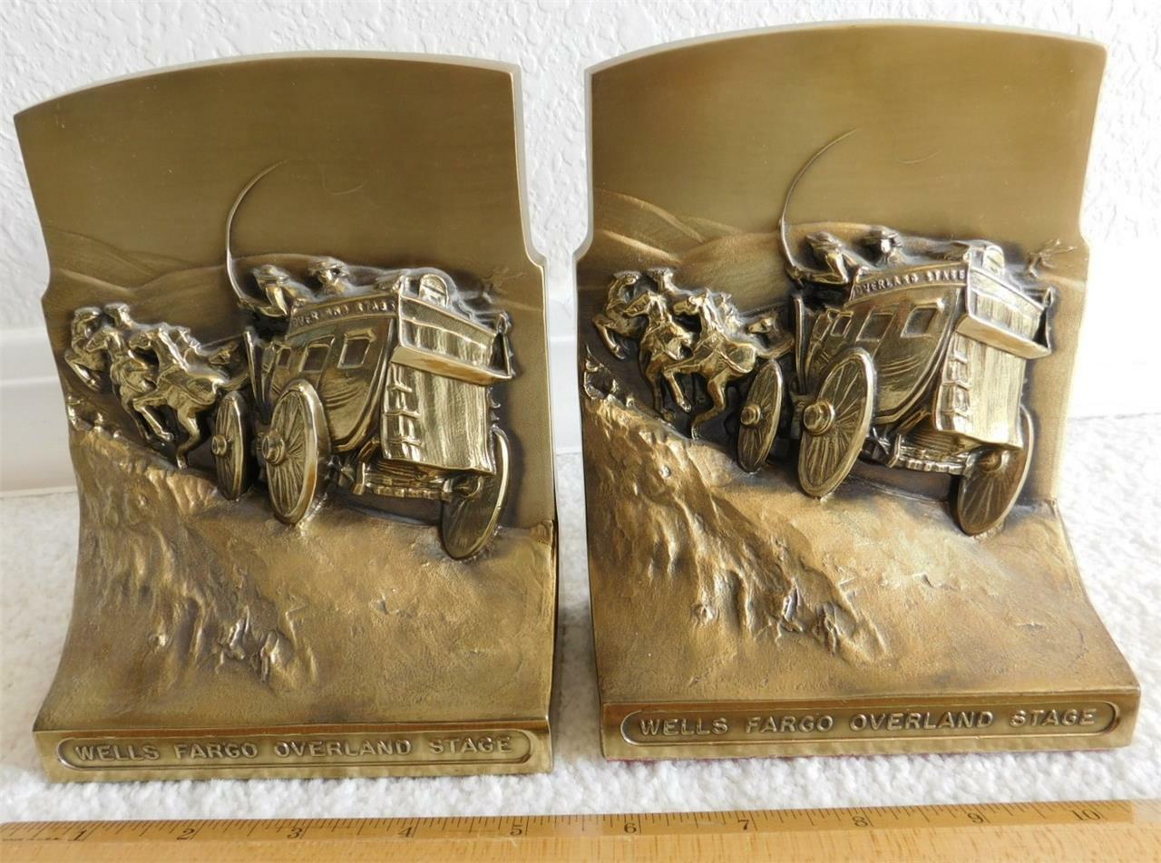 WELLS FARGO BANK OVERLAND STAGE Bronze Book Ends Stage Coach Horses