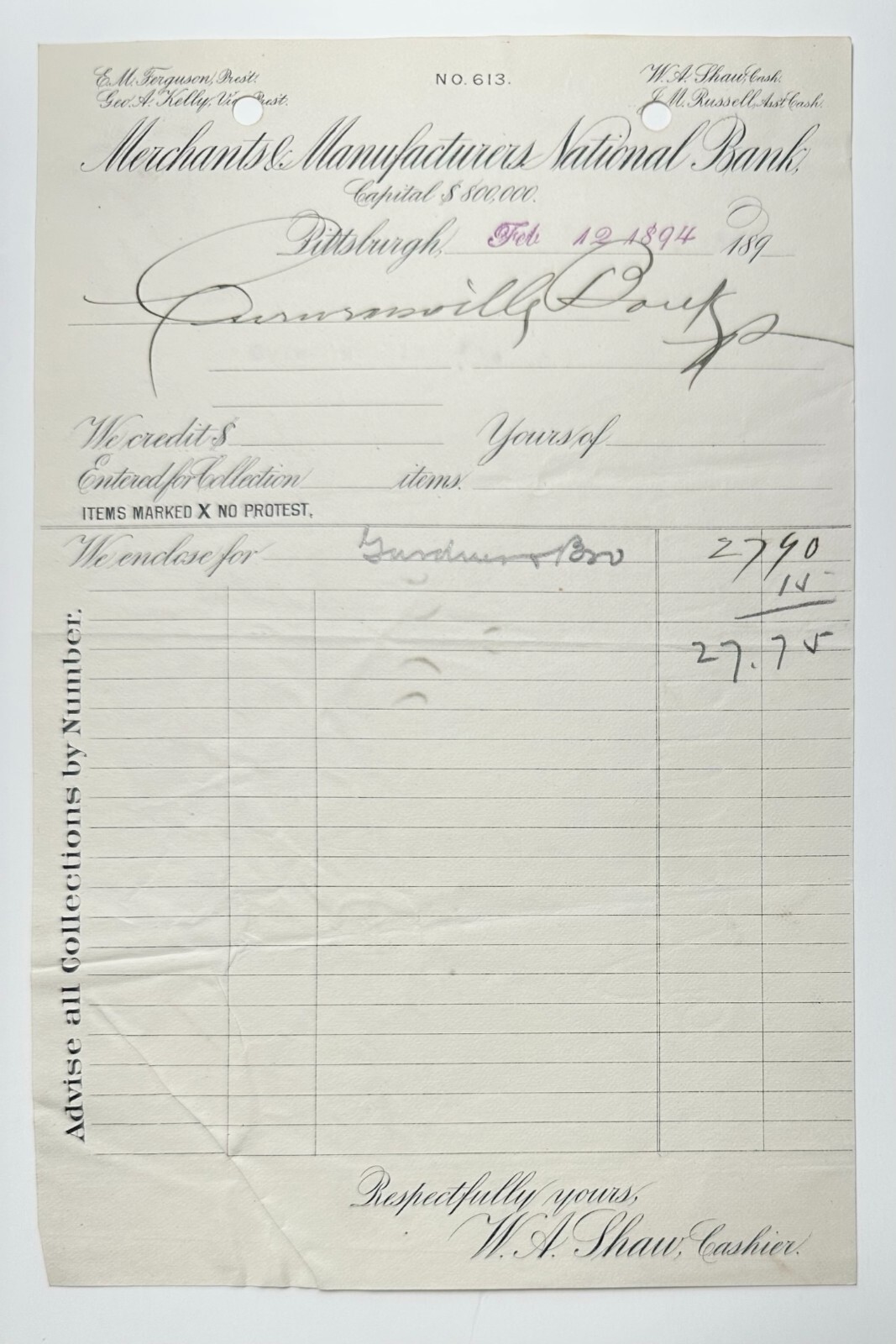 1894 Merchants & Manufacturers National Bank PITTSBURGH PA Curwensville Bank