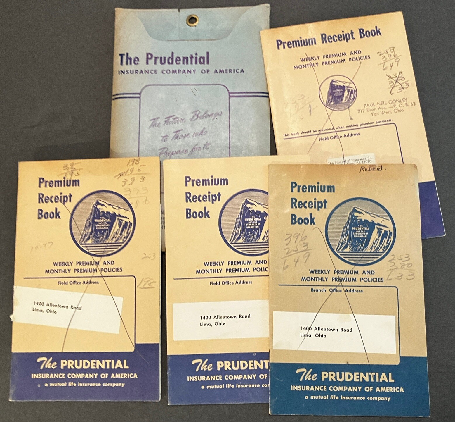 Vintage Prudential Insurance 5 Premium Reciept Books Sleeve MCM 40s to 60s Ohio