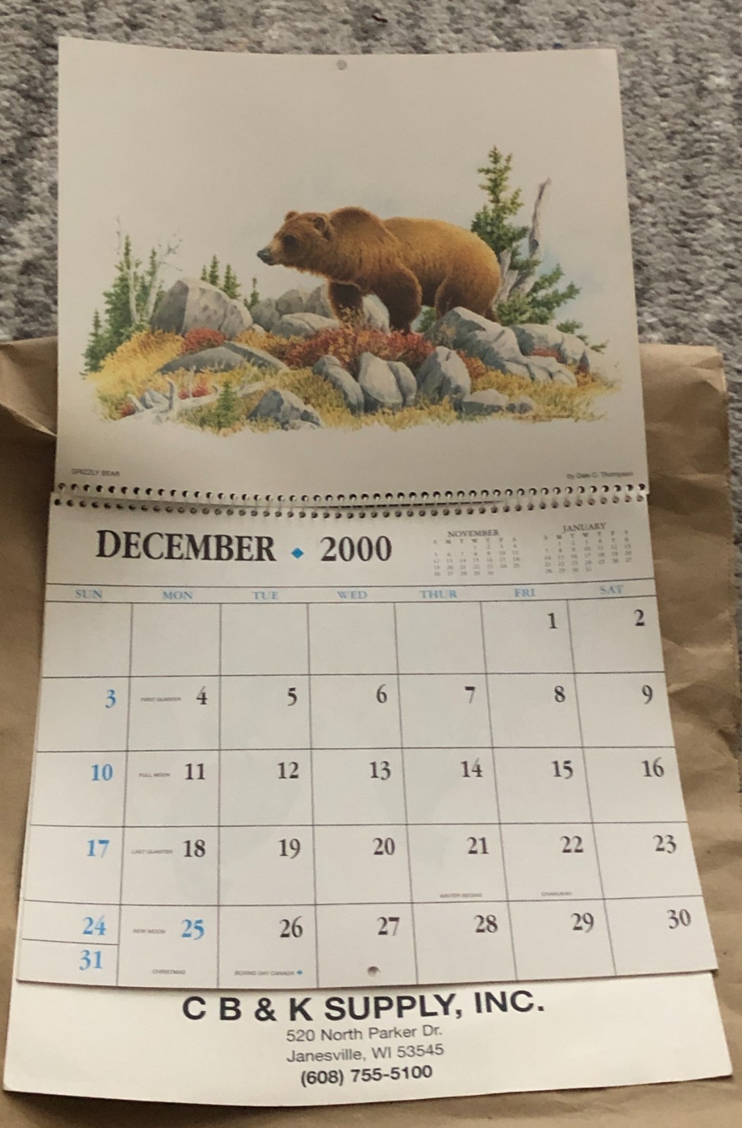 Vintage 2001 Janesville WI Advertising Calendar – Dale Thompson Wildlife Art
