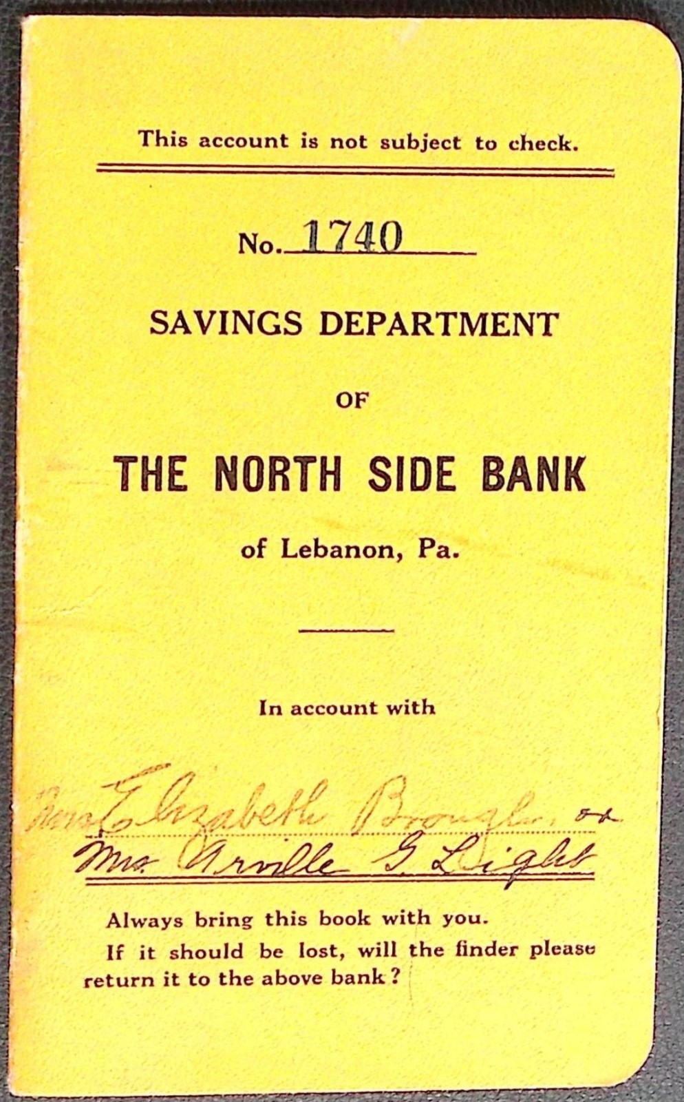 Vintage 1920s North Side Bank of Lebanon Pennsylvania Savings Account Book