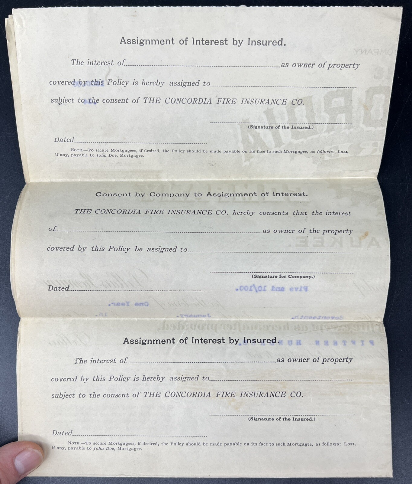 Vintage 1915 Concordia Fire Insurance Co of Milwaukee, Wisconsin Policy