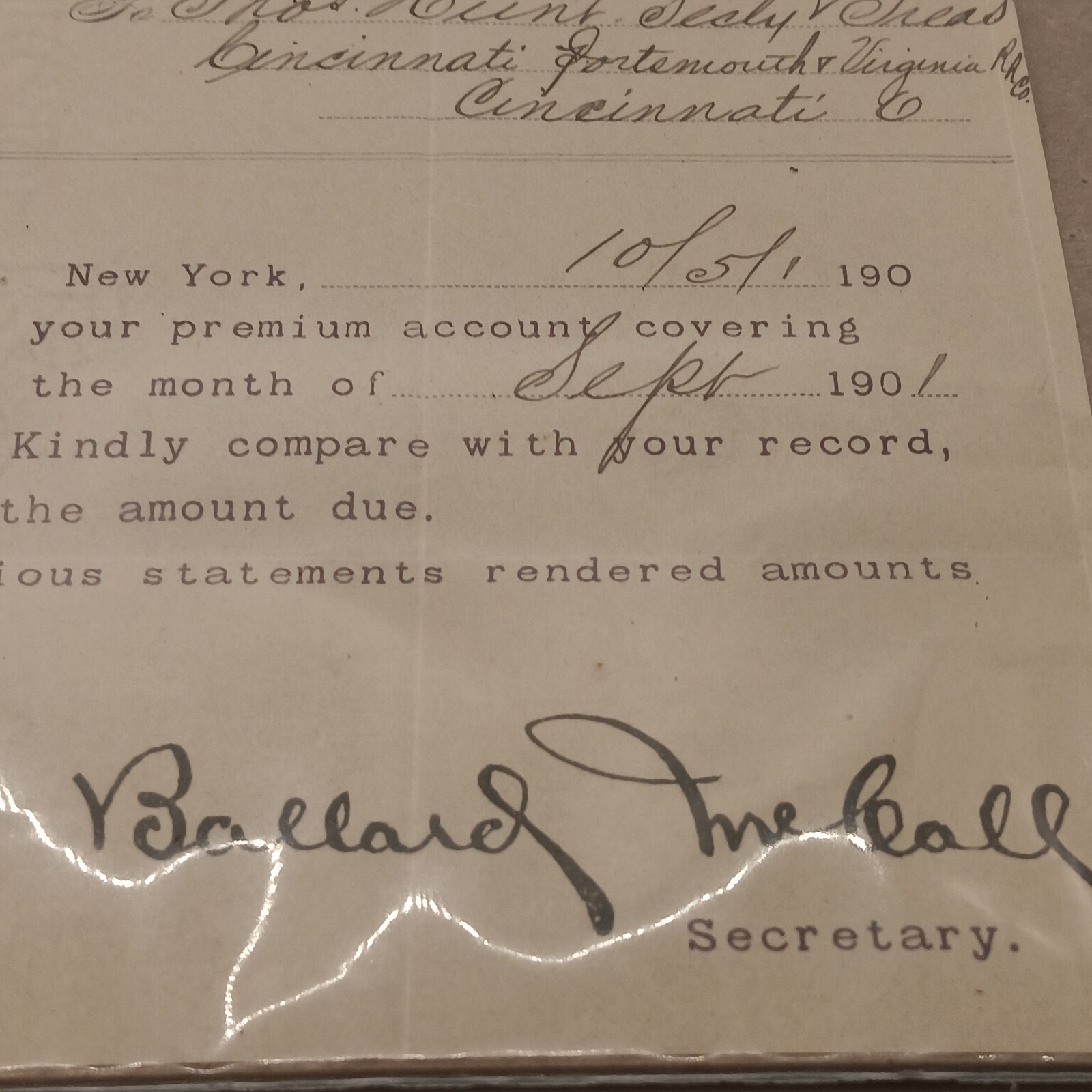 National Surety Company (New York Life Insurance) Bond Account Invoice 1901