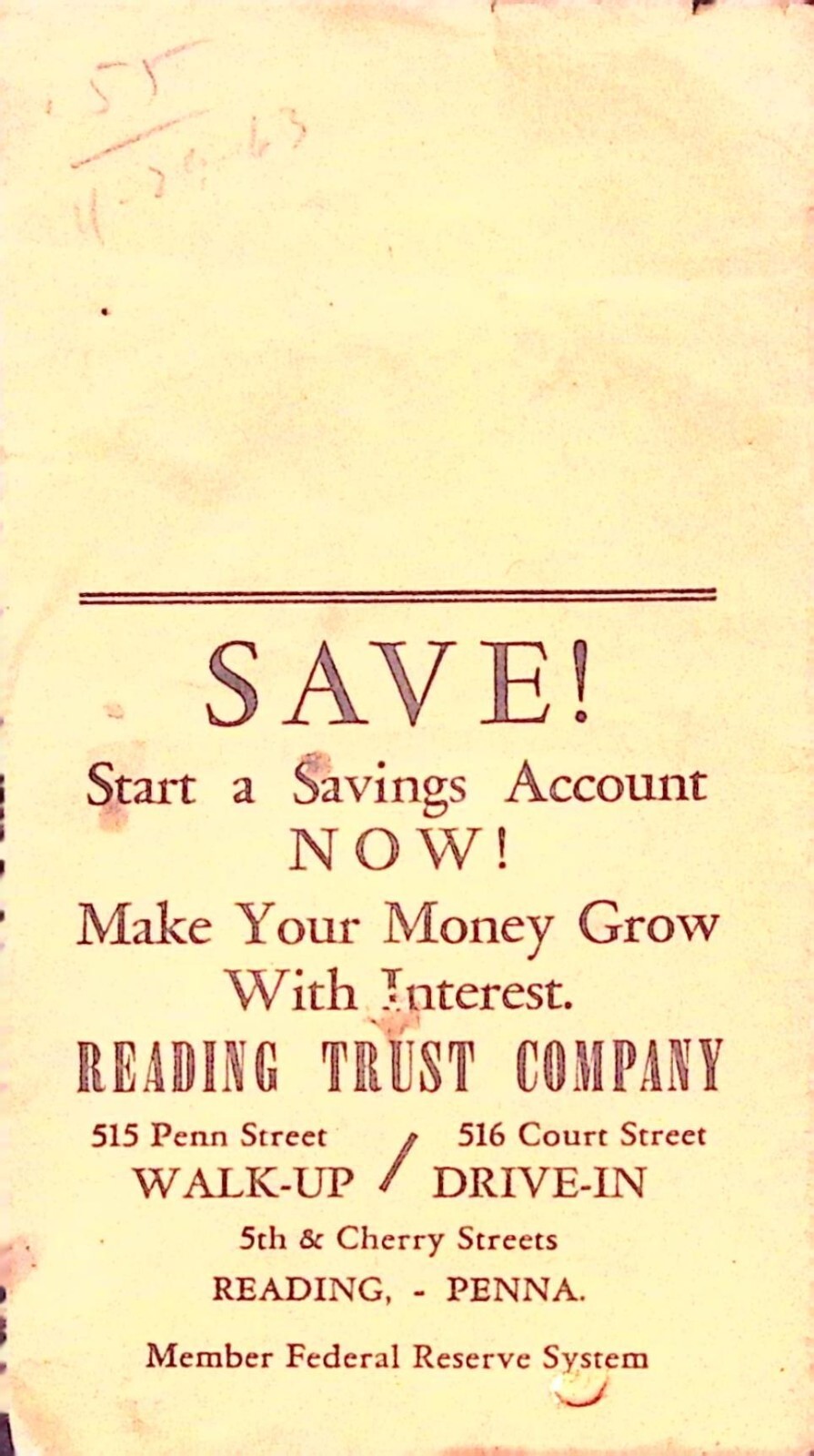 Reading Trust Company Bank Mailer Brochure 1963 Pennsylvania PA Banking
