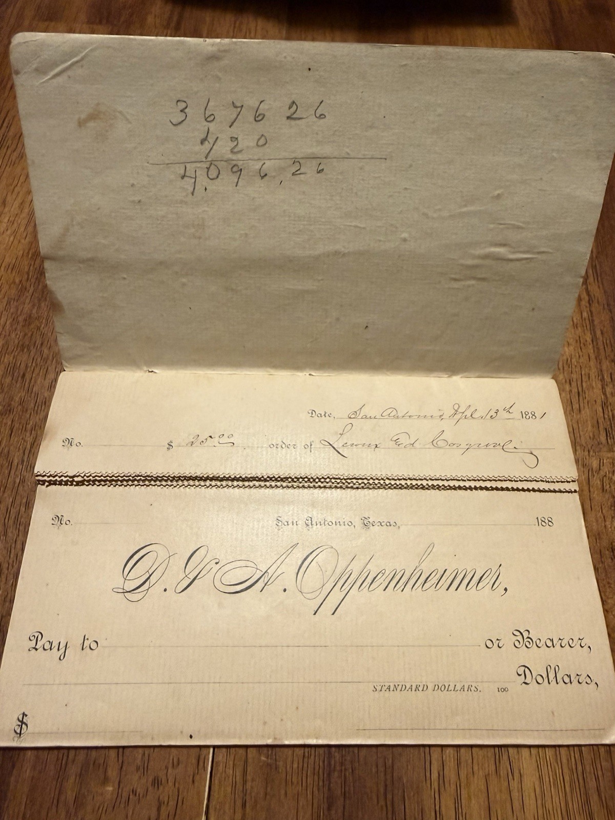 1881 San Antonio Texas Bank Draft – D. & A. Oppenheimer Texas Mercantile History