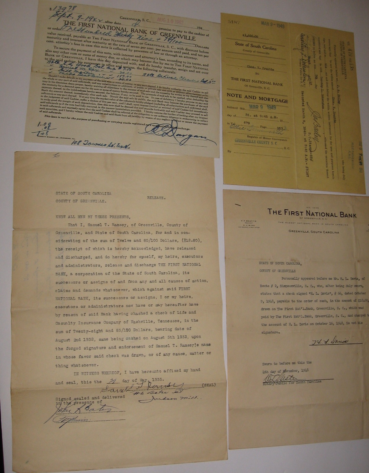 1940’s signed letters-1st National Bank of Greenville SC/Mortgage, Loan Note pd.