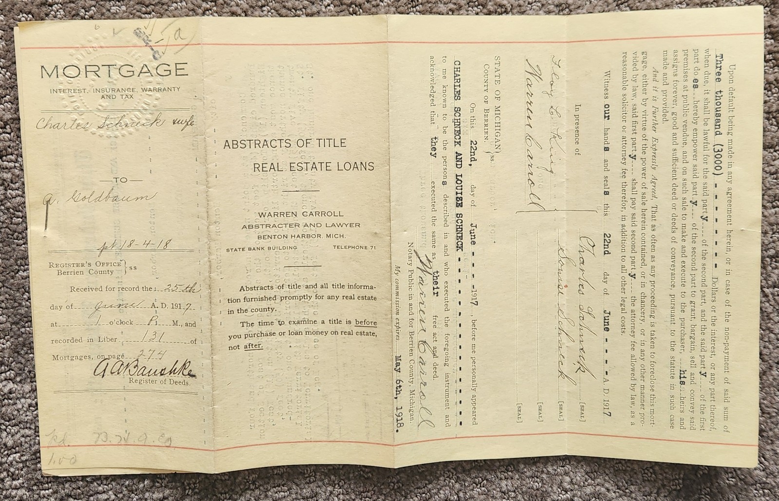 Antique 1917 Mortgage Deed Charles Schneck to A. Goldbaum Benton Harbor Mich