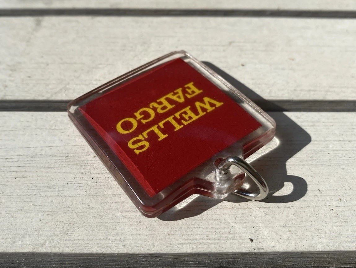 Vintage Wells Fargo Acrylic Keychain – Red & Gold Logo – Retro Bank Memorabilia