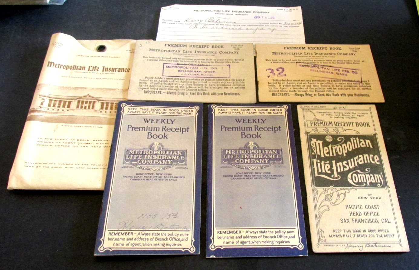 VTG 1920s-30s Metropolitan Life Insurance California Premium Booklet Receipt Lot