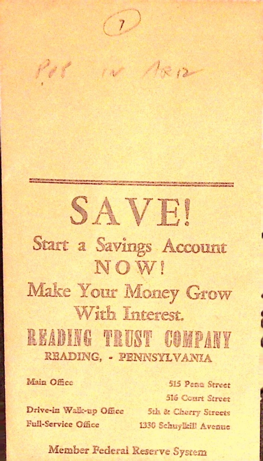 Reading Trust Company Bank Envelope Pennsylvania 1912 Banking Services