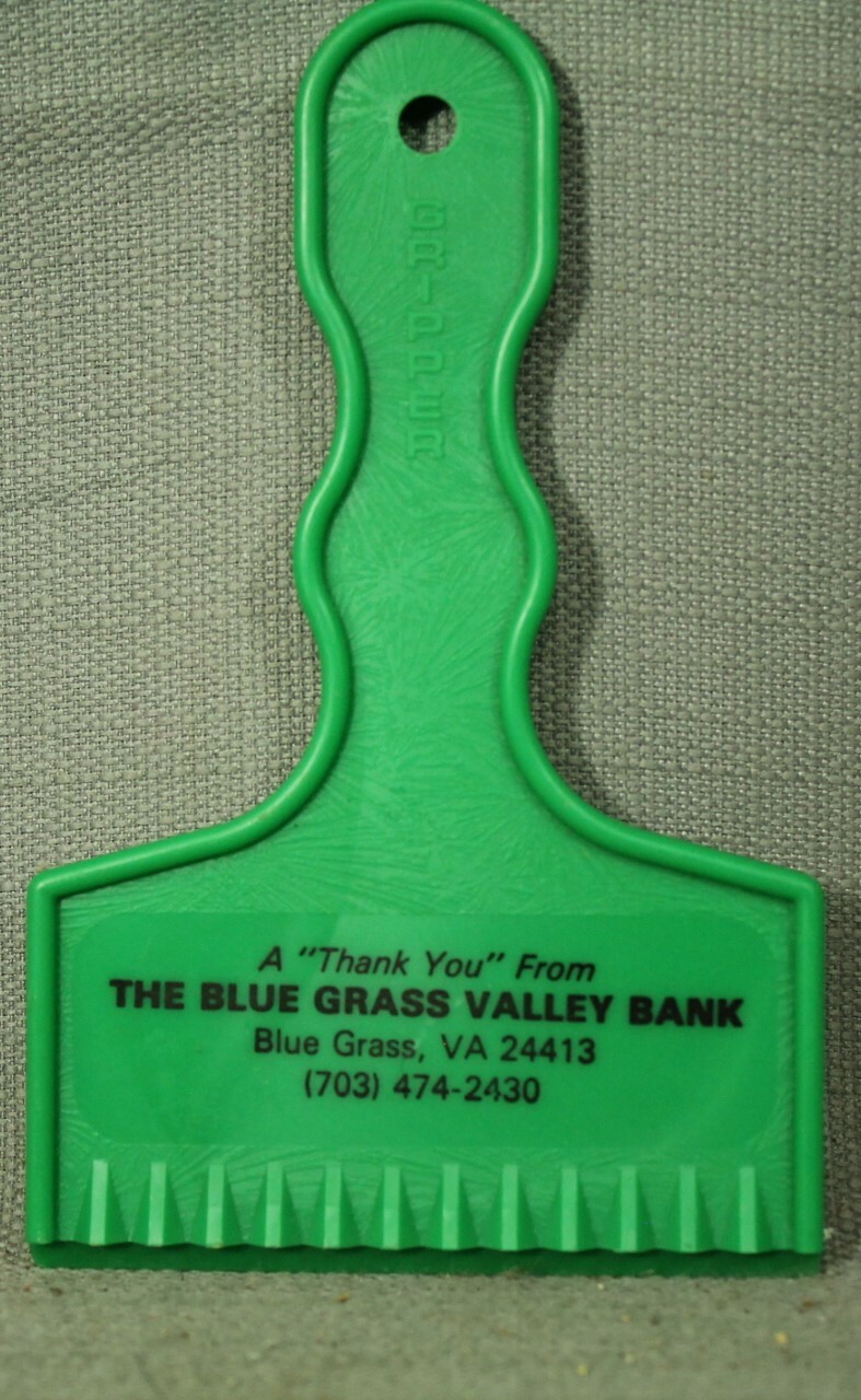 Vintage green plastic ice scraper tool The Blue Grass Valley Bank Virginia