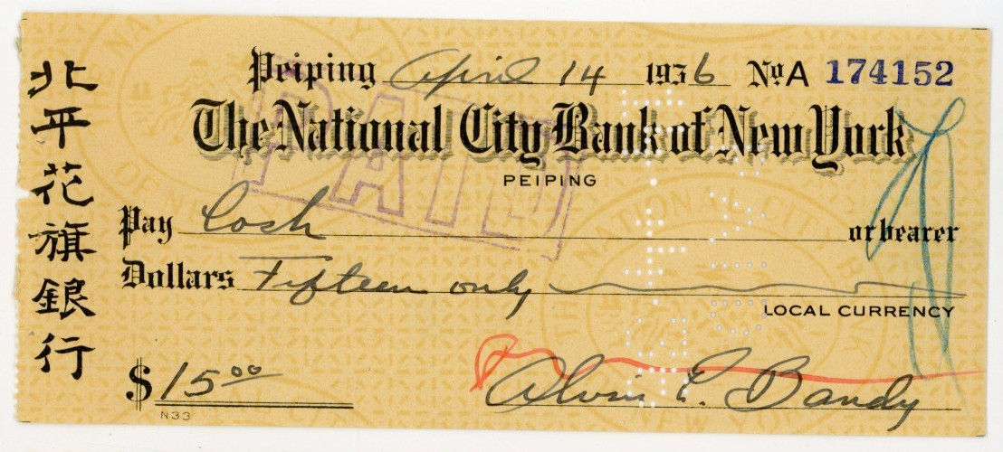 1936 Peiping Peking China National City Bank of New York Chinese Check 35 #KP