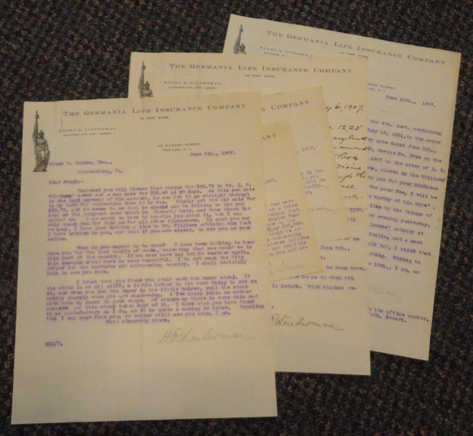 1907 Newark New Jersey German Life Insurance Co letterheads