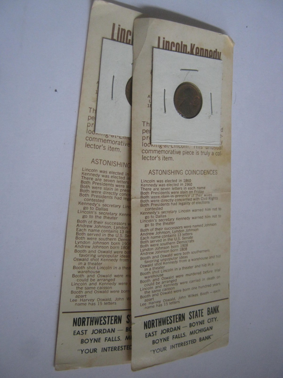 1970s Northwestern STATE Bank, Boyne Falls/City, East Jordan LINCOLN KENNEDY Adv