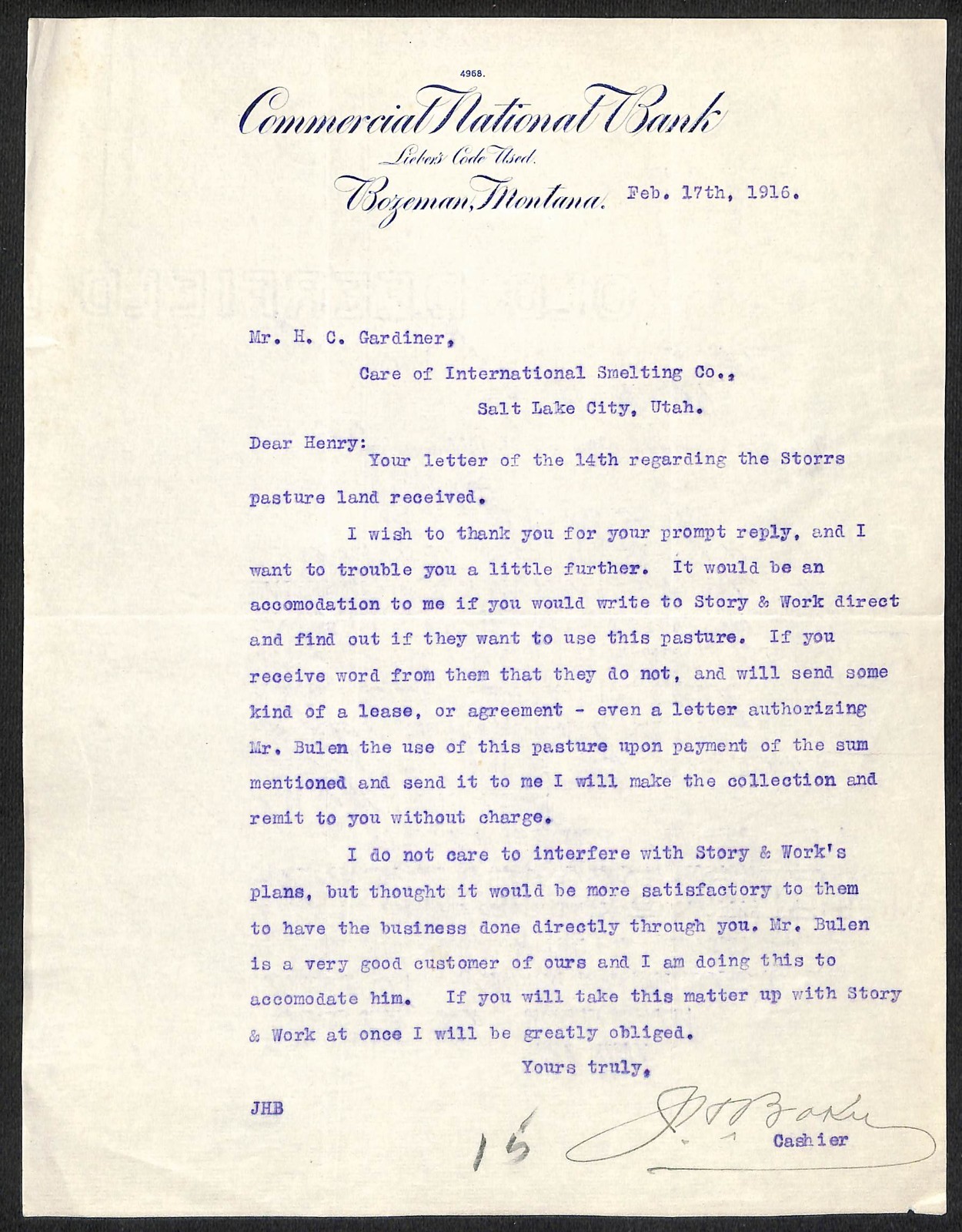Commercial National Bank Bozeman, MT 1916 TLS Letterhead to Intl Smelting Co. UT
