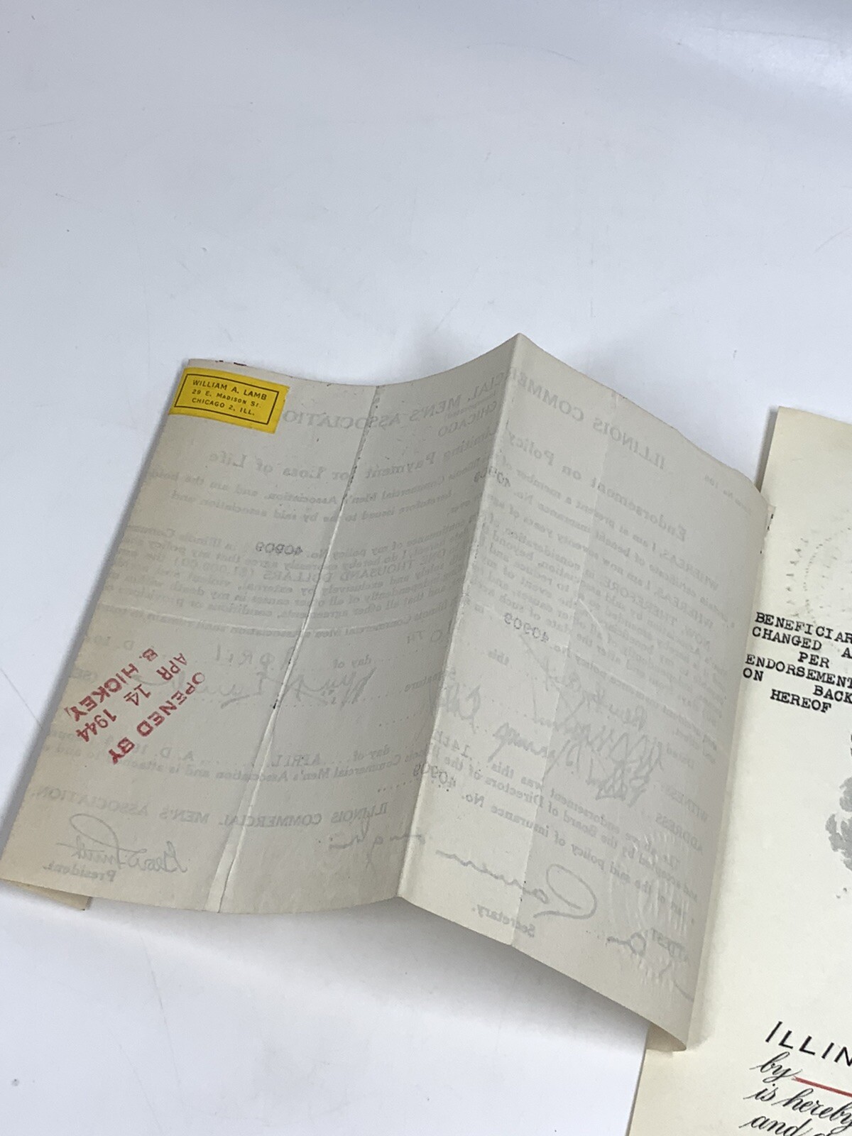 1906 Engraved Insurance Policy Illinois Commercial Mens Association UPDT 1944
