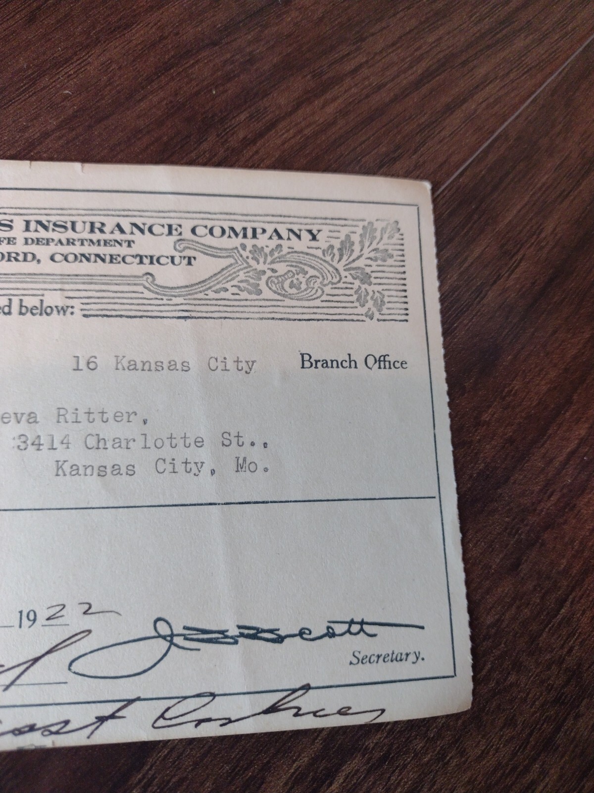 1922 Traveler’s Insurance Life Department Hartford Ct Kansas City Bill Receipt