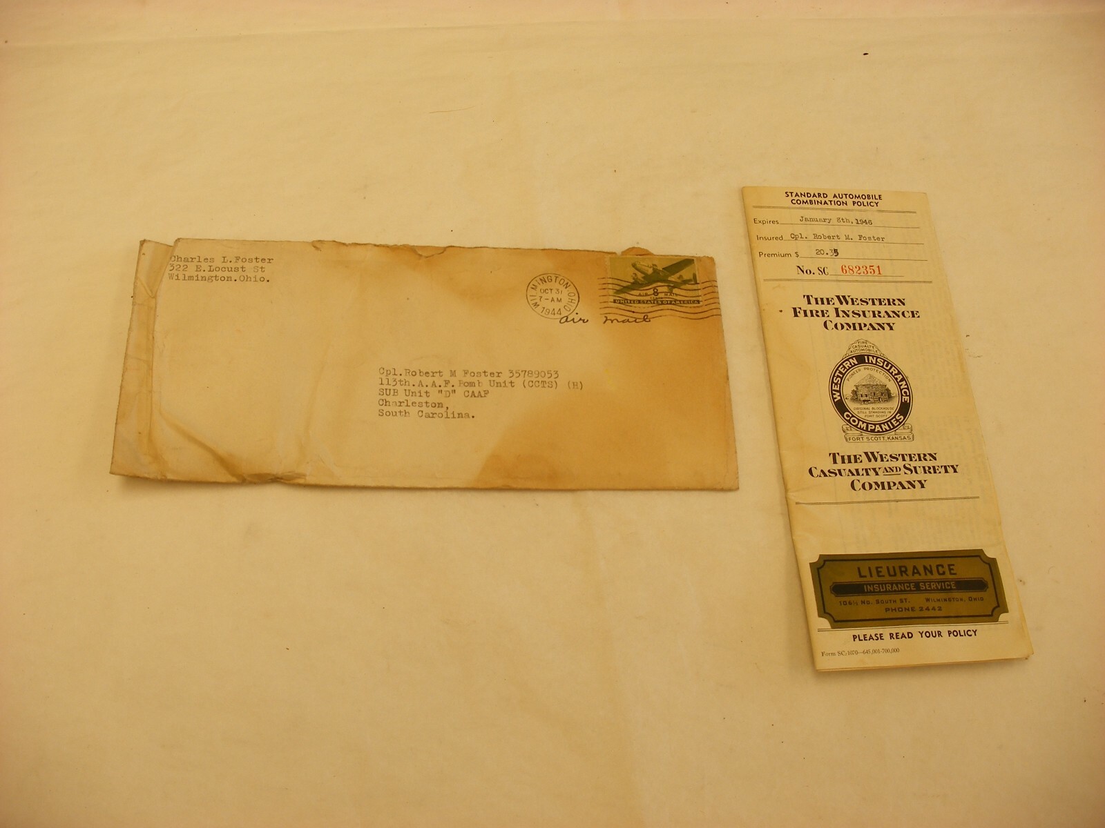 Vtg 1944 WW2 Western Fire Insurance Co Automobile Policy Lieurance Wilmington OH