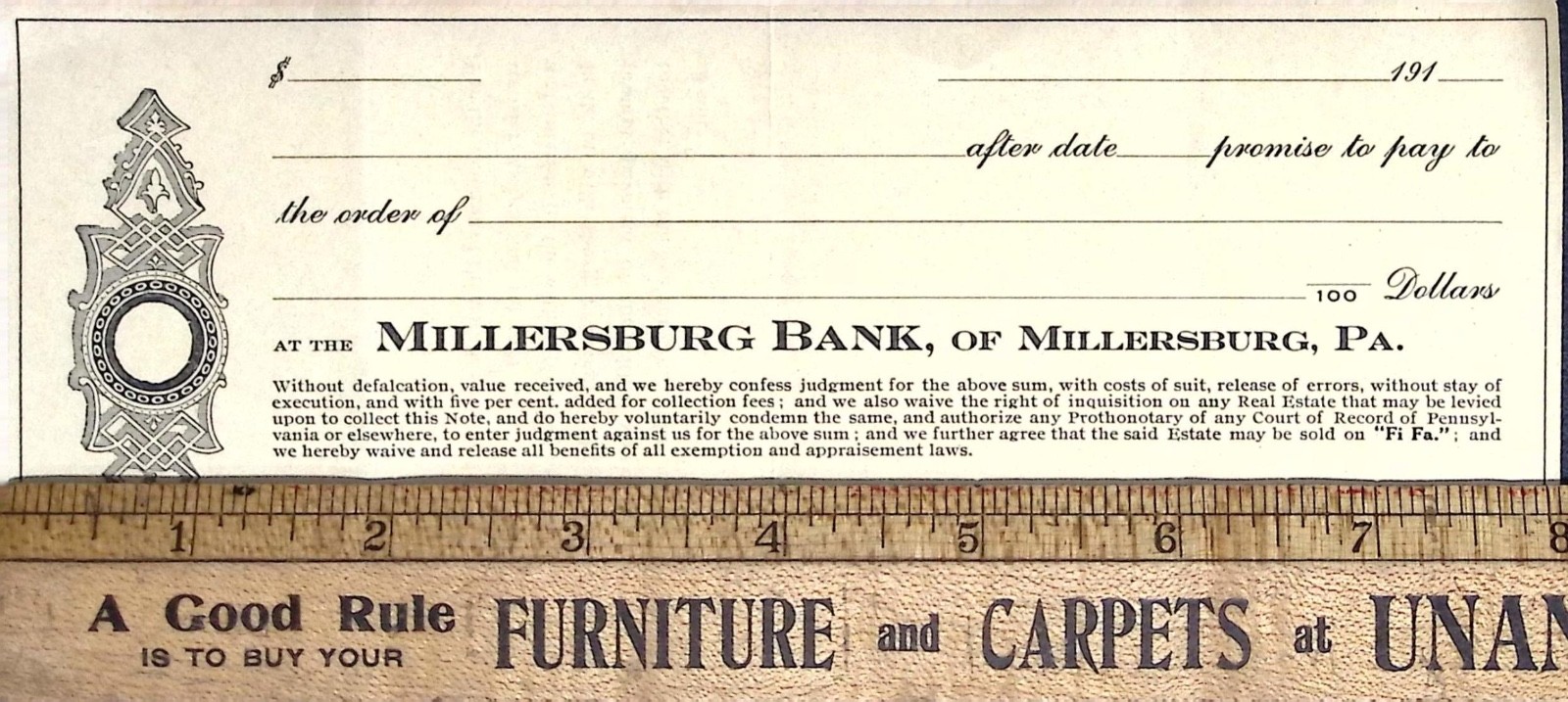 Vintage Millersburg Bank PA Blank Promissory Note Form Early 1900s Unused