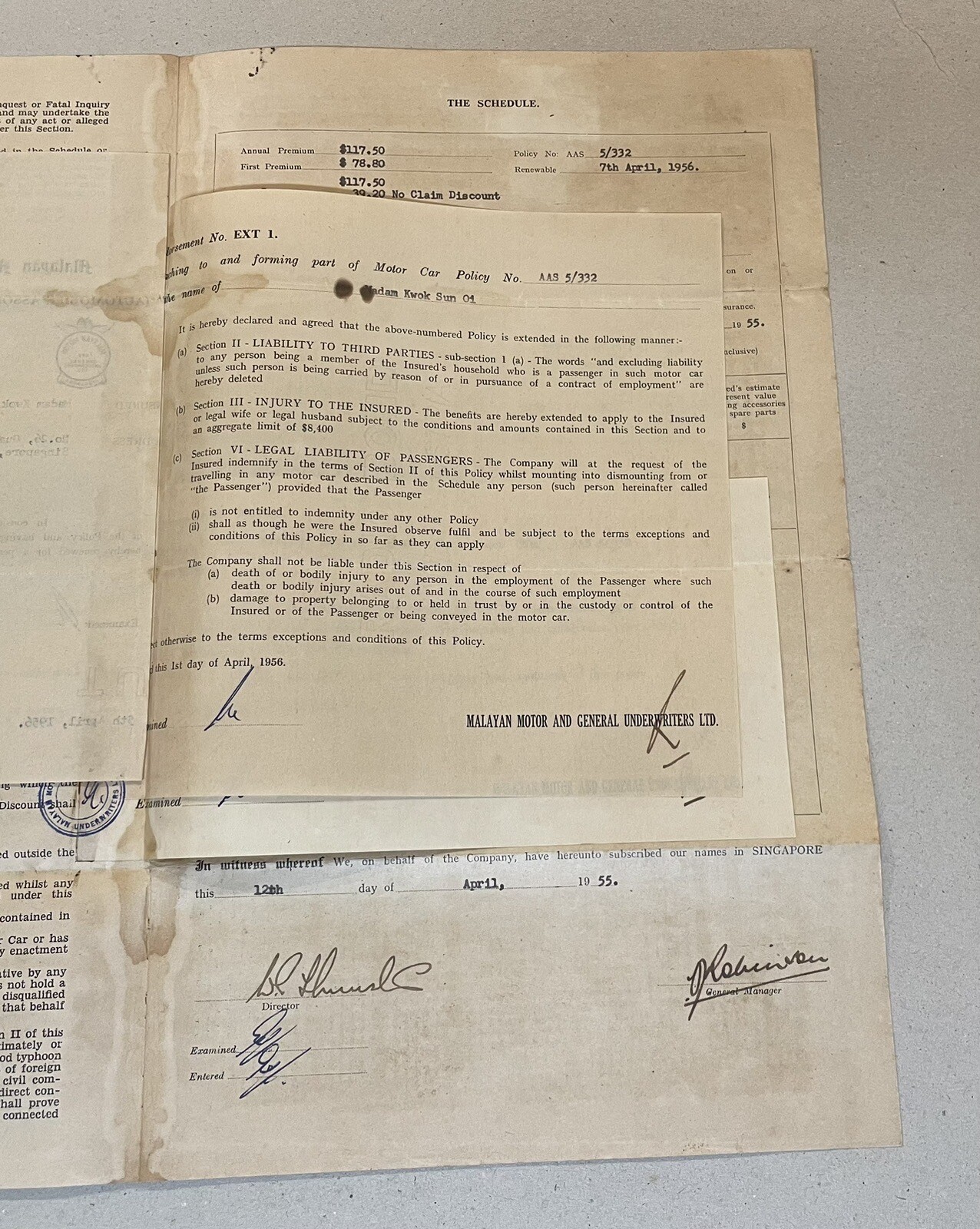 1956 Malayan Motor And General Underwriters Ltd Motor Insurance policy document