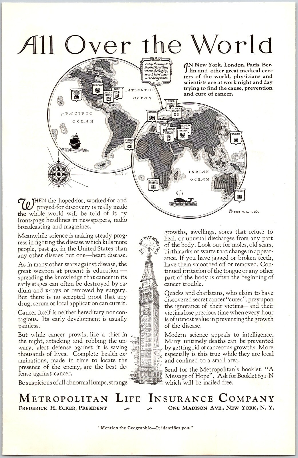 PRINT AD 1931 Metropolitan Life Insurance All Over the World 6 x 9