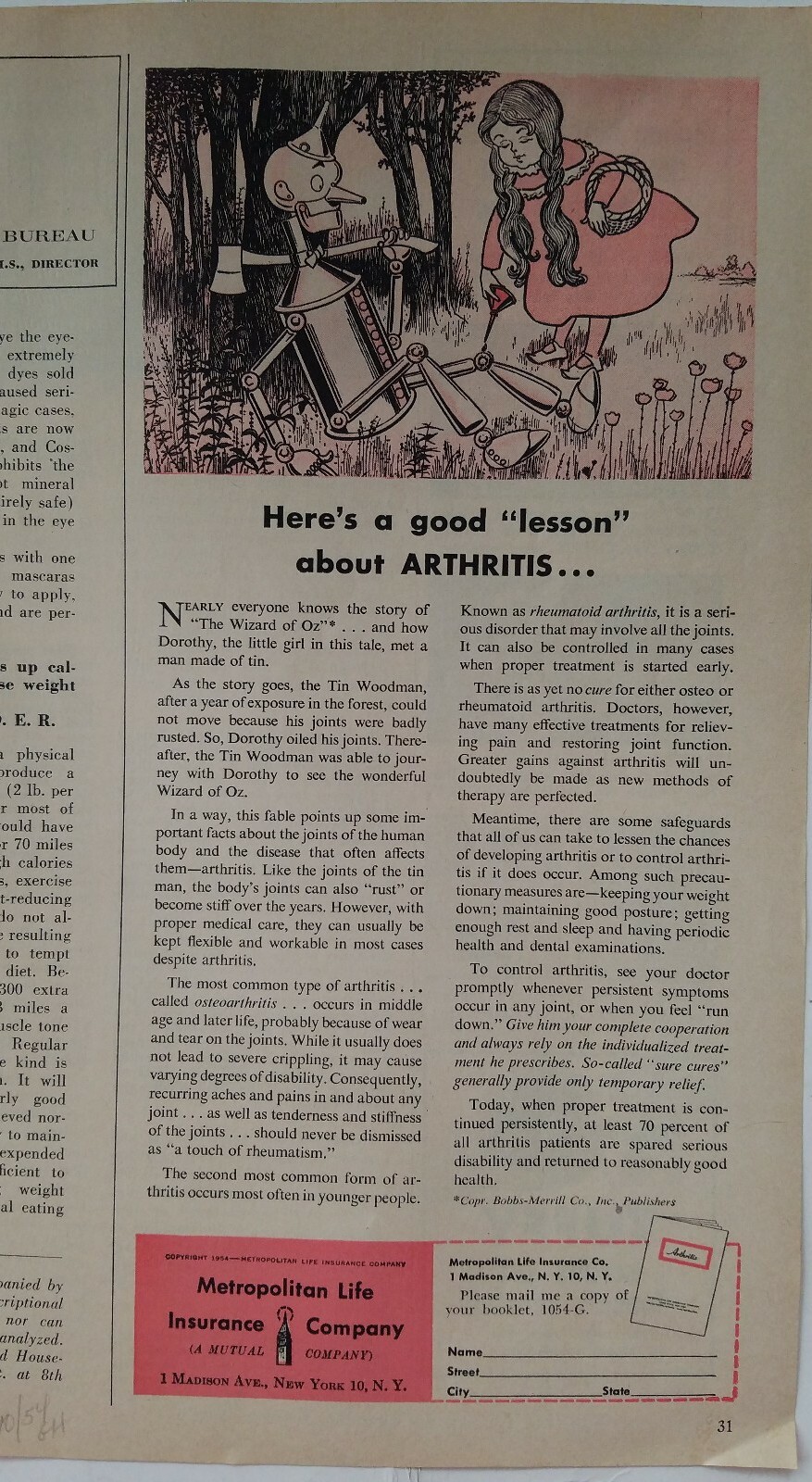 1954 Metropolitan Life Insurance Dorothy Wizard of Oz Tin Man arthritis ad