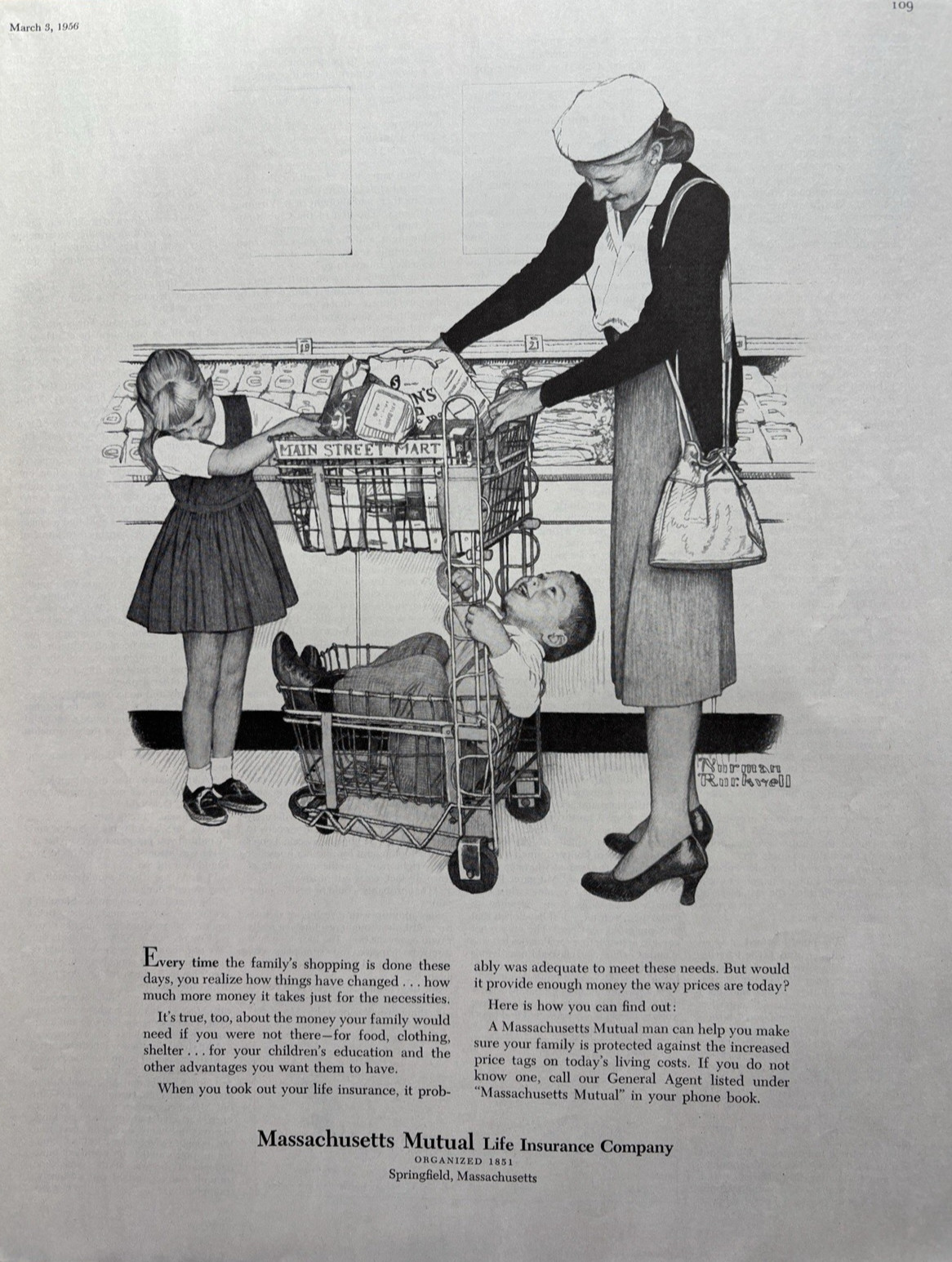 1956 Norman Rockwell Massachusetts Mutual Life Insurance Co Shopping VTG Pint ad