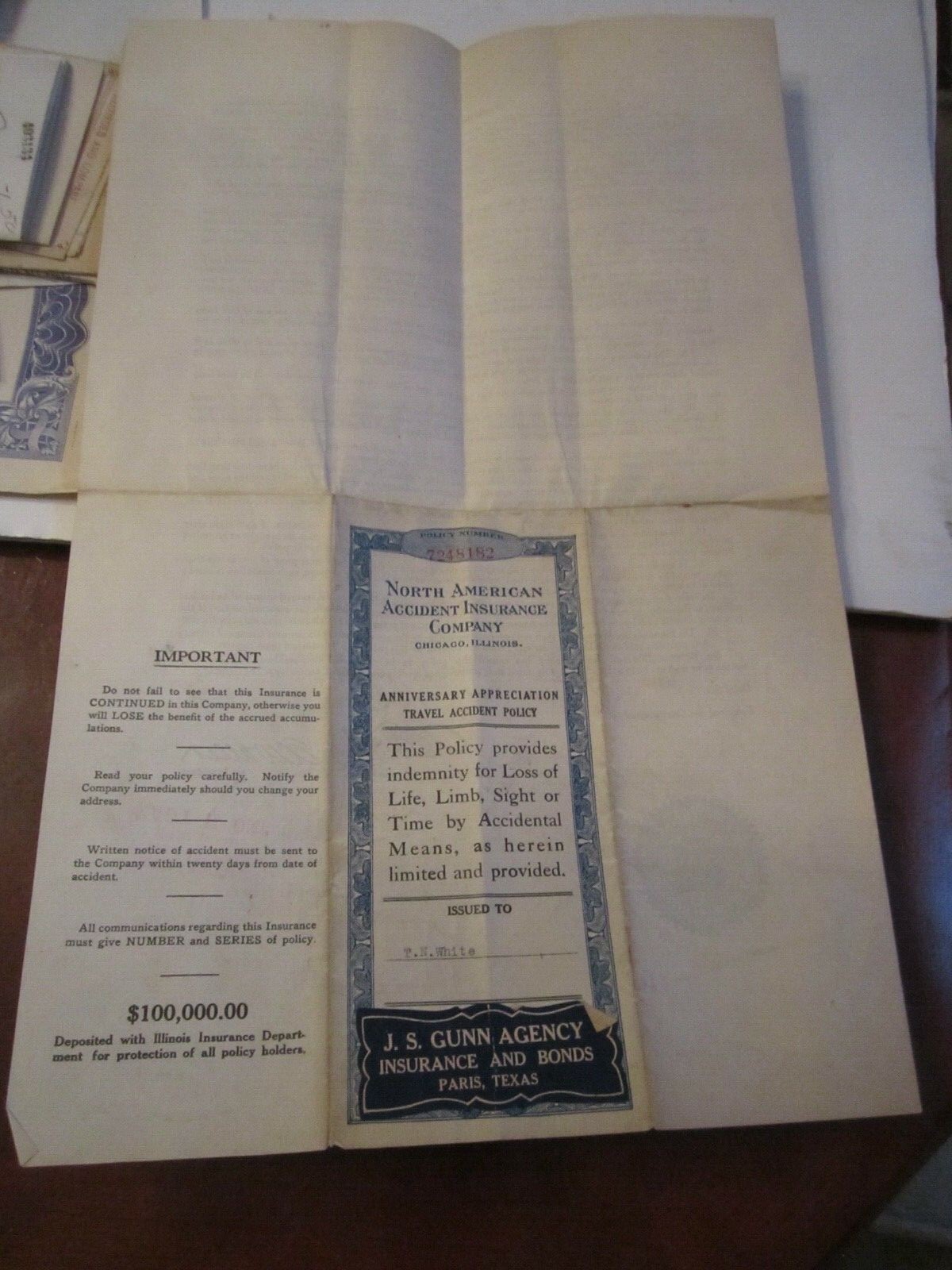 1929 NORTH AMERICAN ACCIDENT INSURANCE COMPANY DOCUMENT – SIGNED – BN-19