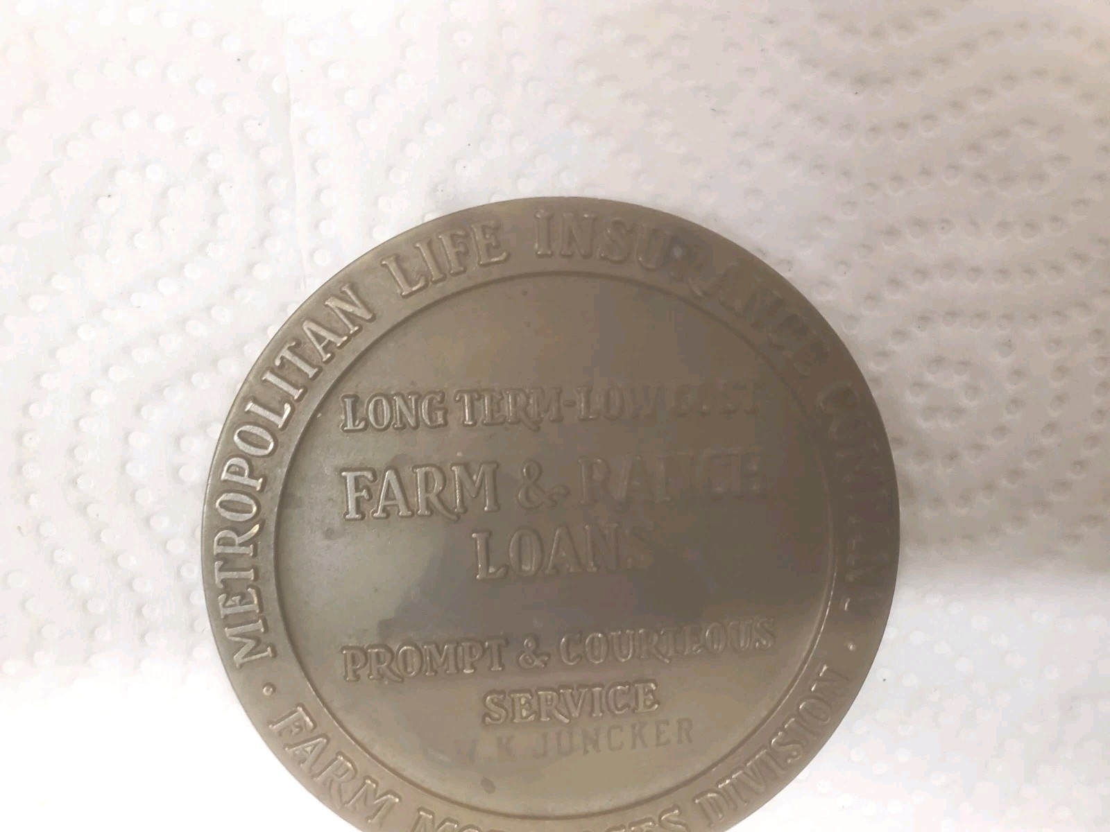 3″ Brass Paperweight Metropolitan Life Insurance Farm Mortgages W K Juncker