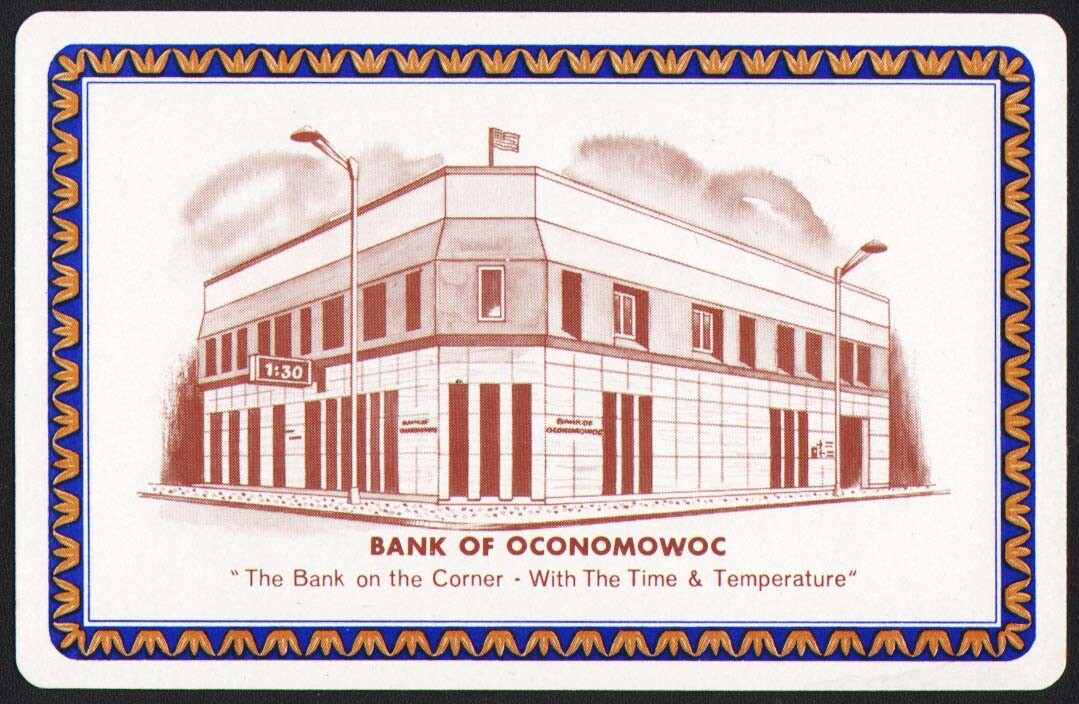 Vintage single playing card BANK OF OCONOMOWOC with building pictured Wisconsin