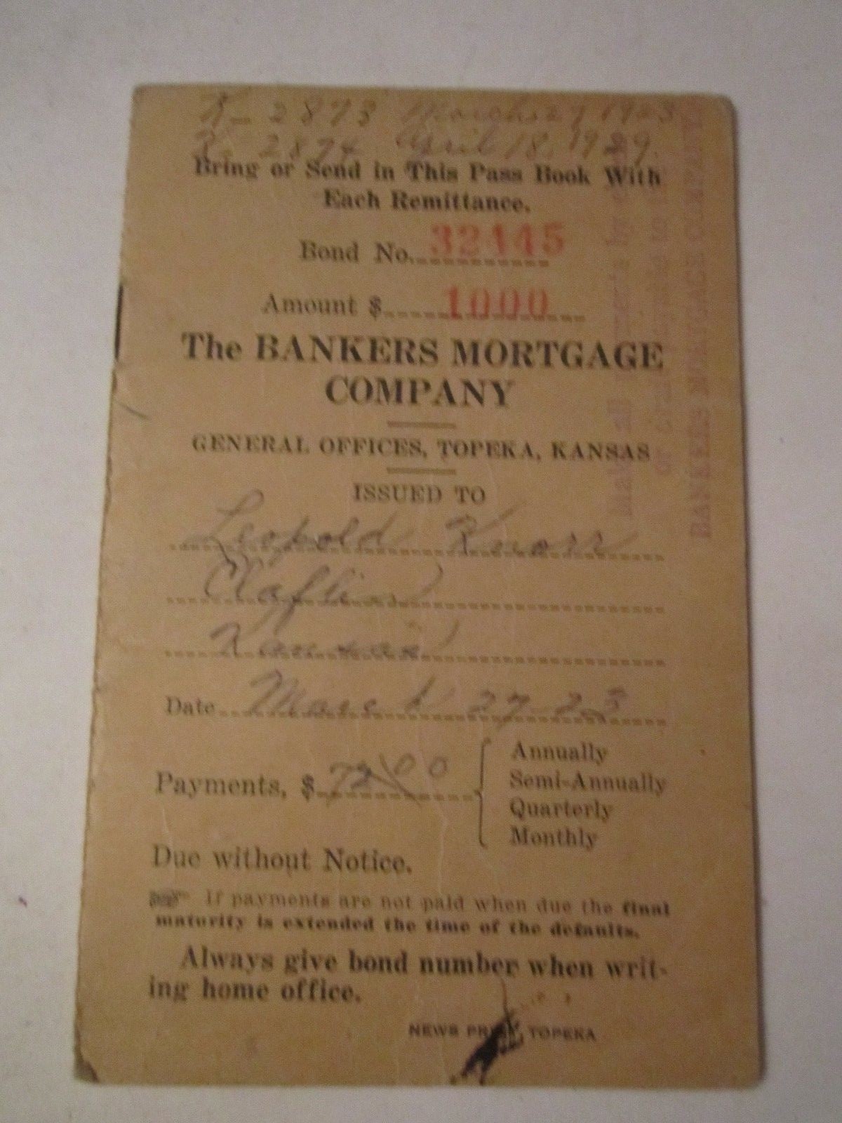 1923 BANKER’S MORTGAGE COMPANY PASSPORT BANK LEDGER ACCOUNT BOOKLET – TUB RSS