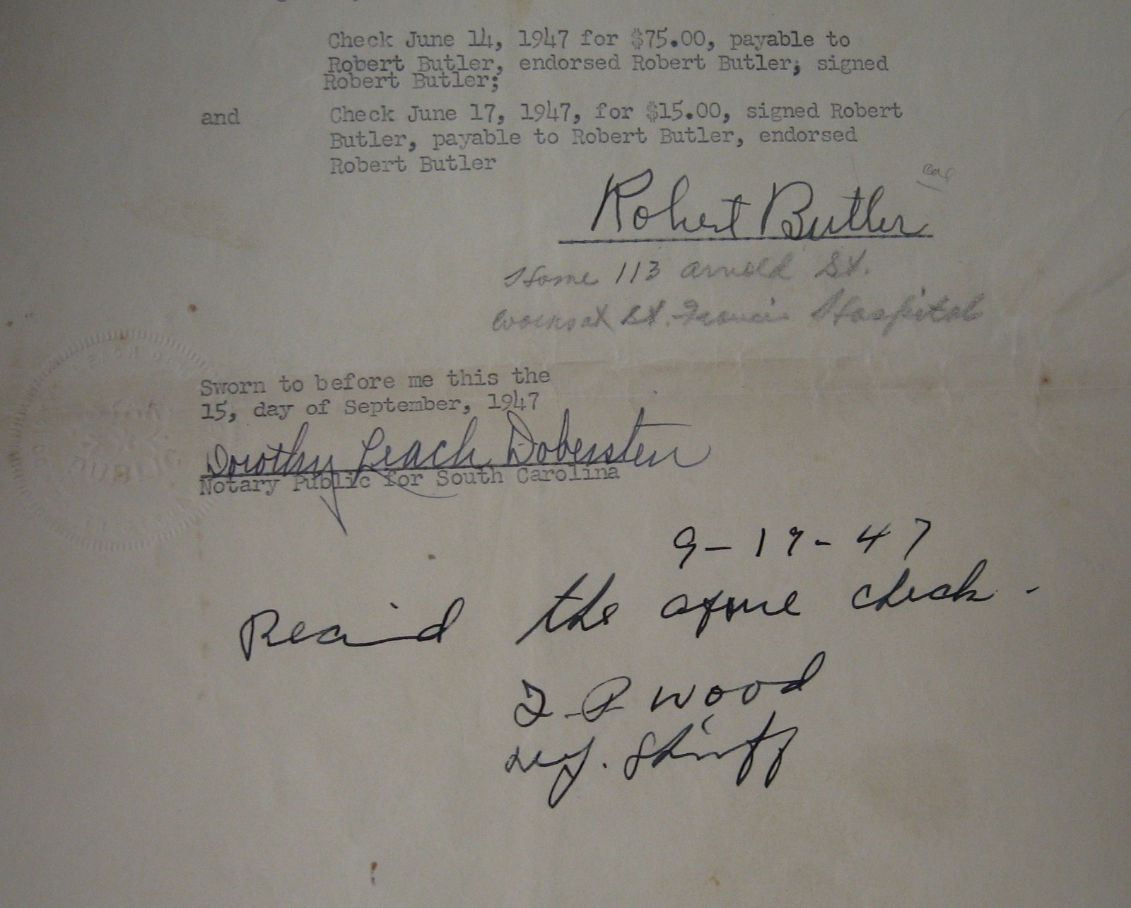 3-Late 1940’s signed letters /check receipts- 1st National Bank Greenville of SC