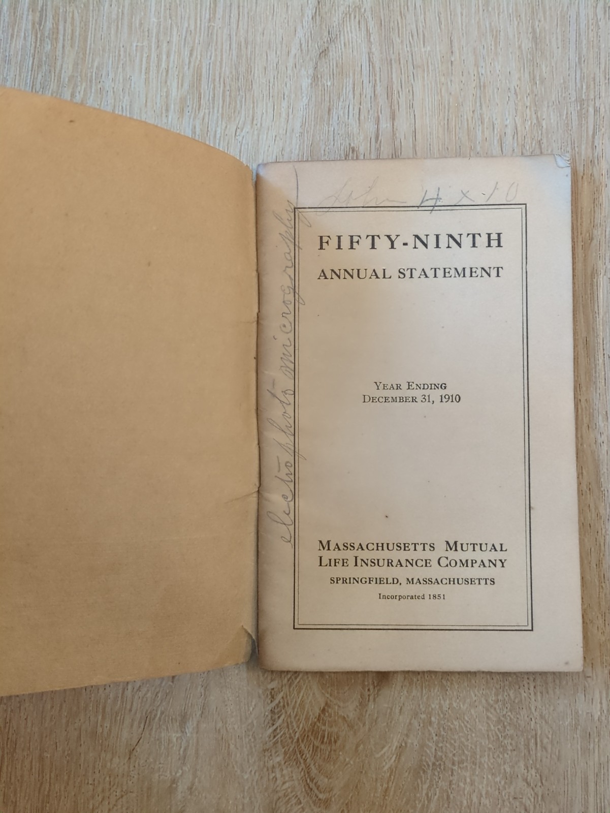 Antique 1911 59th Annual Statement Massachusetts Mutual Life Insurance Company