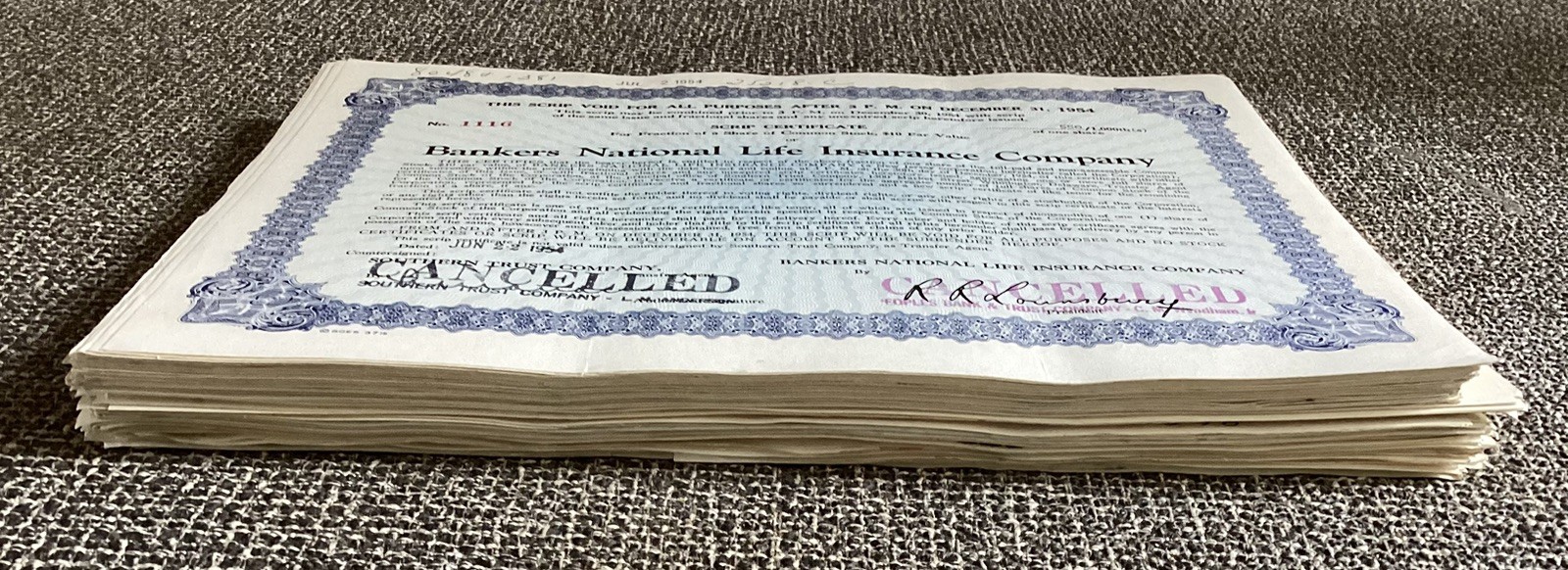 Vintage Lot of 100 :Bankers National Life Insurance CO. Certificates (Cancelled)