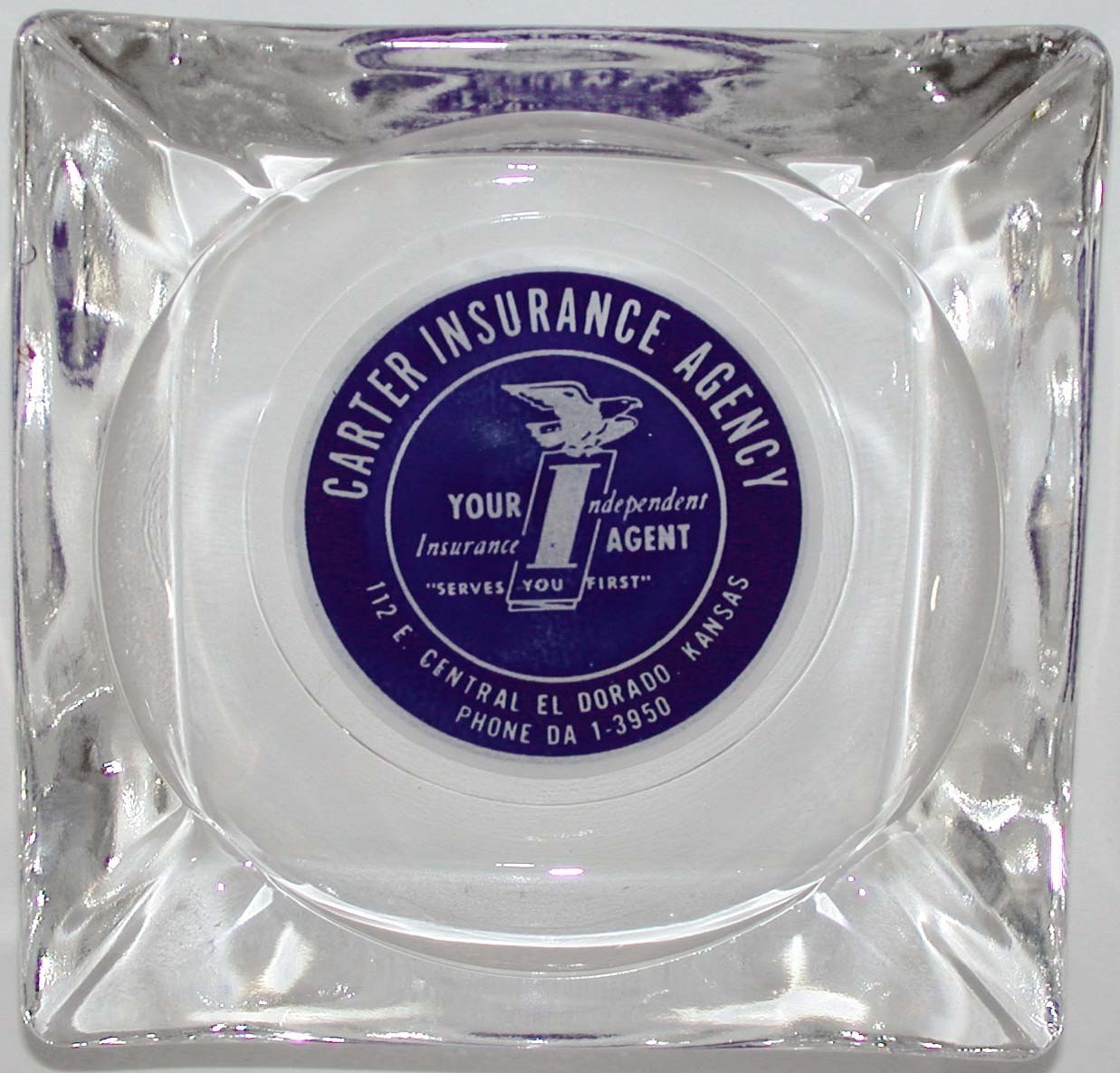 Vintage glass ashtray CARTER INSURANCE AGENCY Independent logo El Dorado Kansas
