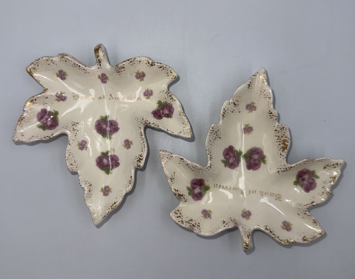 Vintage Bank of America Porcelain Leaf Trinket Dishes Violets Gold Trim Set of 2