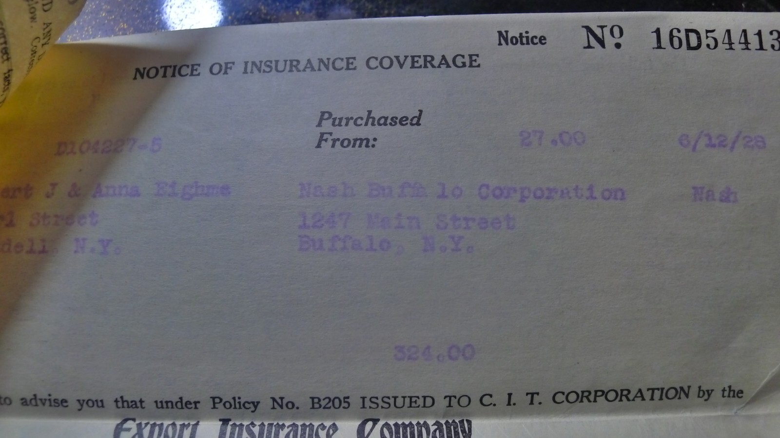Insurance and Note Documents for 1928 Nash Touring Car, Buffalo, NY. June 1928