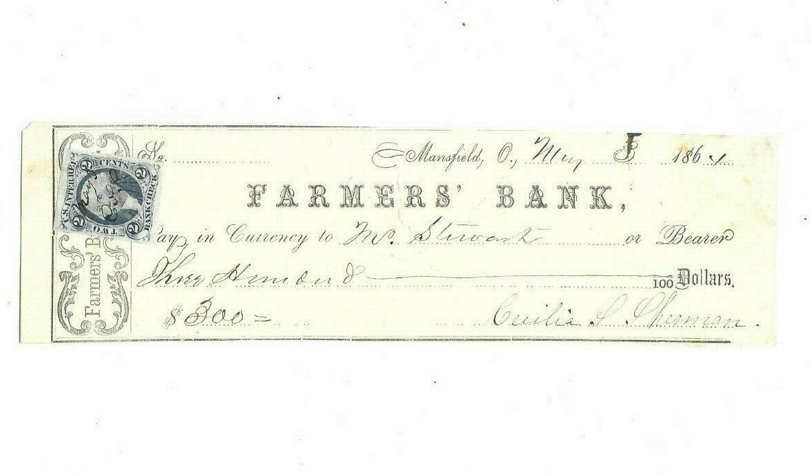 NEAT VINTAGE 1864 FARMERS BANK CHECK MANSFIELD OHIO WITH GEORGE WASHINGTON STAMP