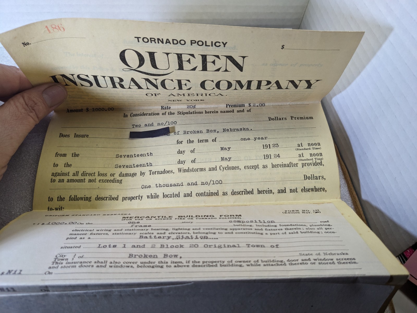 1923 Standard Tornado Insurance Policy Broken Bow Queen Insurance Company