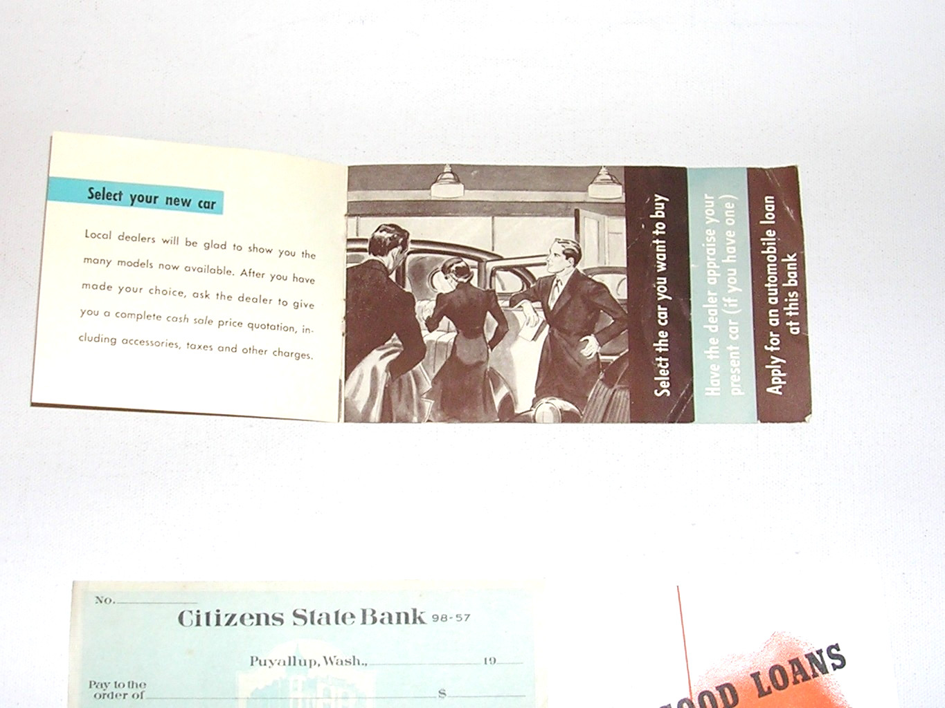 Vintage 1940’s Citizen’s State Bank Puyallup Car Loan Advertising Ephemera Etc.