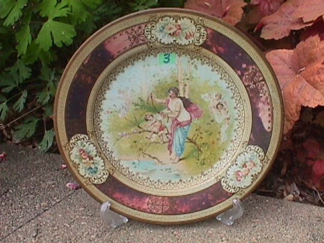 Victorian Lady+Children Tin Plate Orig. Antique Vienna Art Plate Litho. Scene