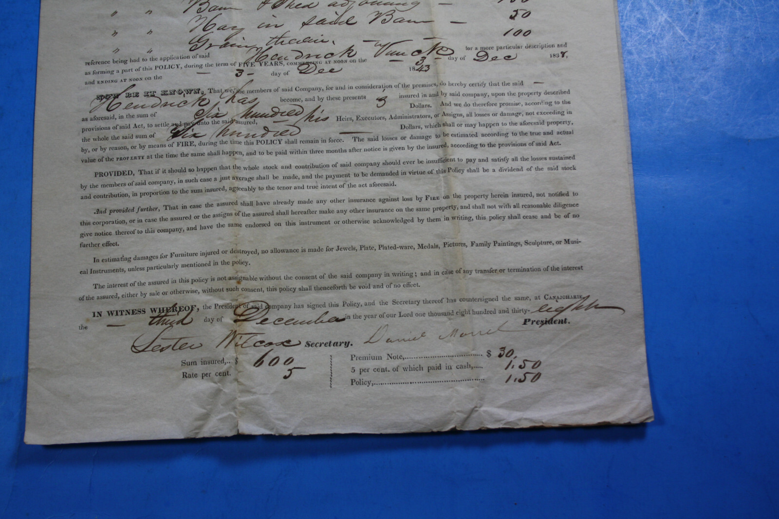 1838 MONTGOMERY COUNTY NY Charlestown VUNCK MUTUAL INSURANCE POLICY REV WAR