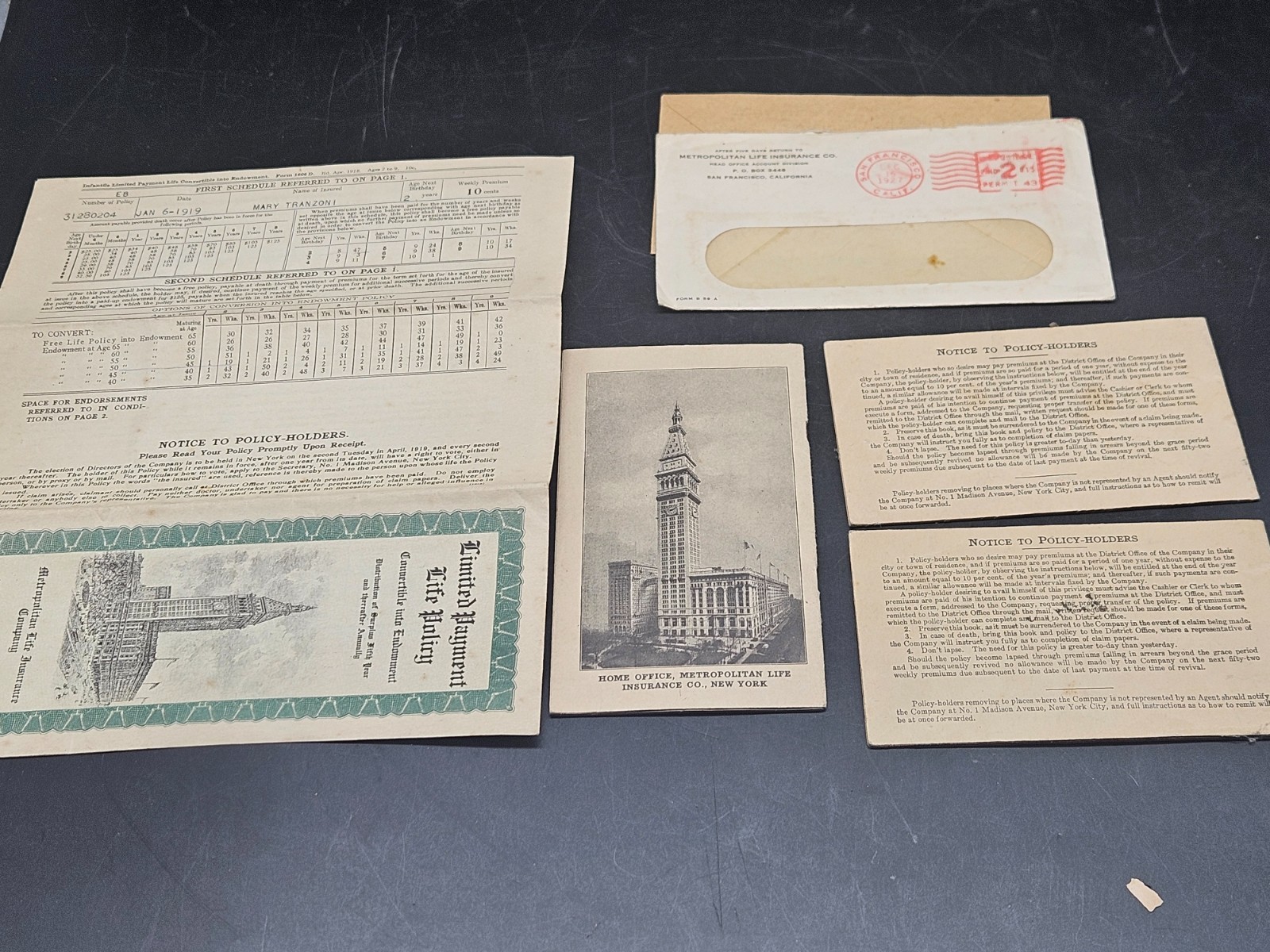 Vintage 1918 Metropolitan Life Insurance Co Policy, Payment Book, Etc.