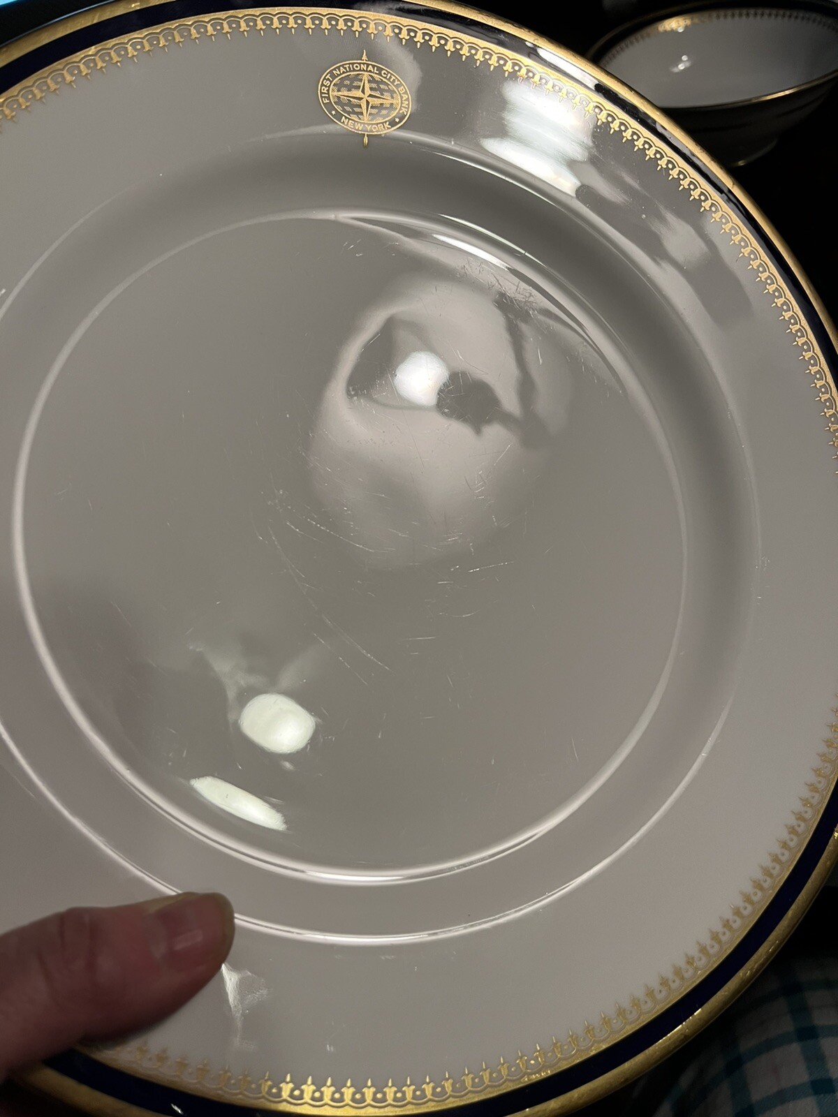 FIRST NATIONAL CITY BANK NY SPODE KNIGHTSBRIDGE COBALT 3 DINNER PLATES RARE!