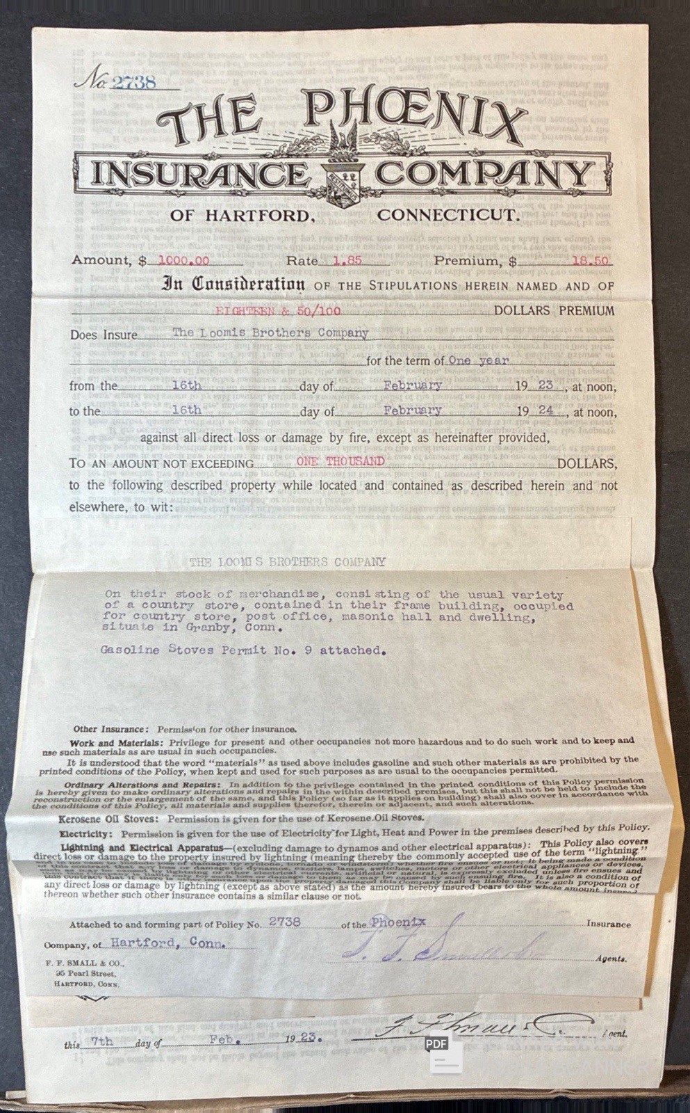 THE PHOENIX INSURANCE CO. OF HARTFORD POLICY on Loomis Bros. Inventory 1923-1924