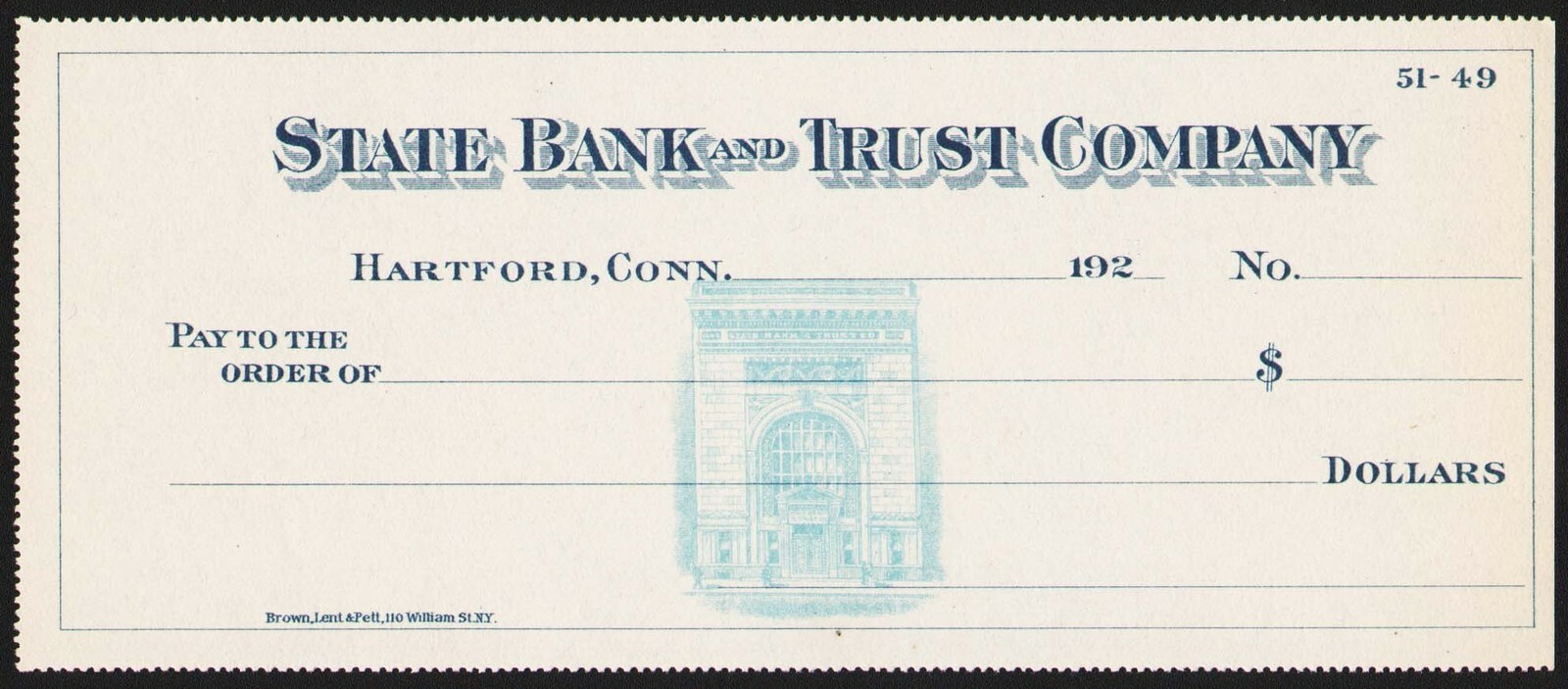 Vintage bank check STATE BANK and TRUST 1920s Hartford Connecticut unused nrmt+