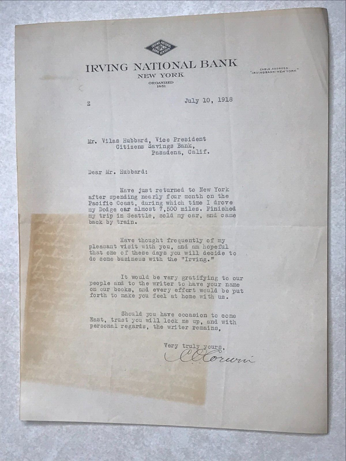 MBE9 Bank Letterhead 1918 correspondence Irving National Bank New York NY